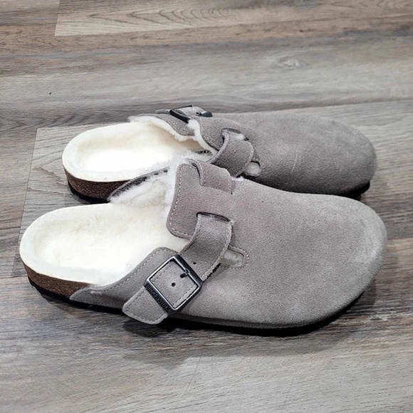 Birkenstock Suede Leather Boston Shearling Fur Gray Euro 41 Women 10 - Picture 4 of 6